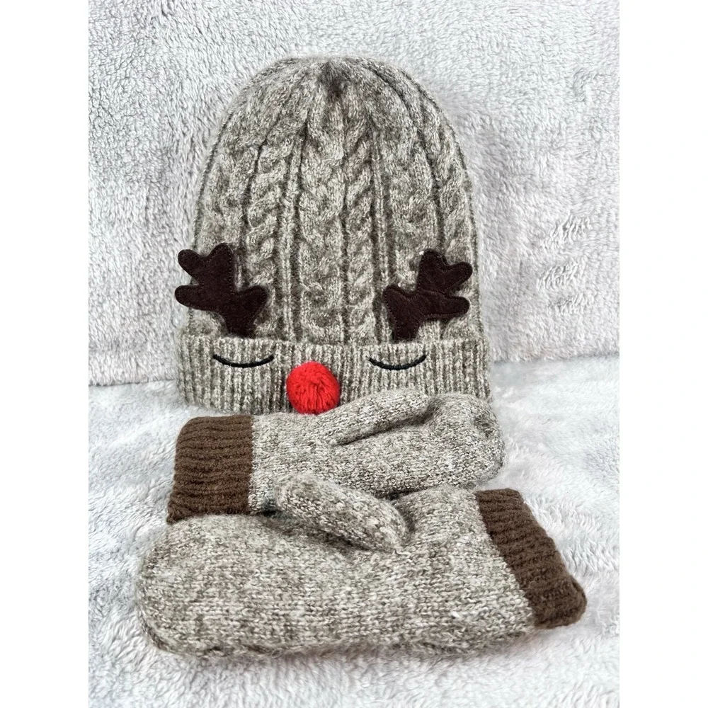 Barnes & Noble REINDEER Fleece Lined Children's  Hat And Mittens Set One Size